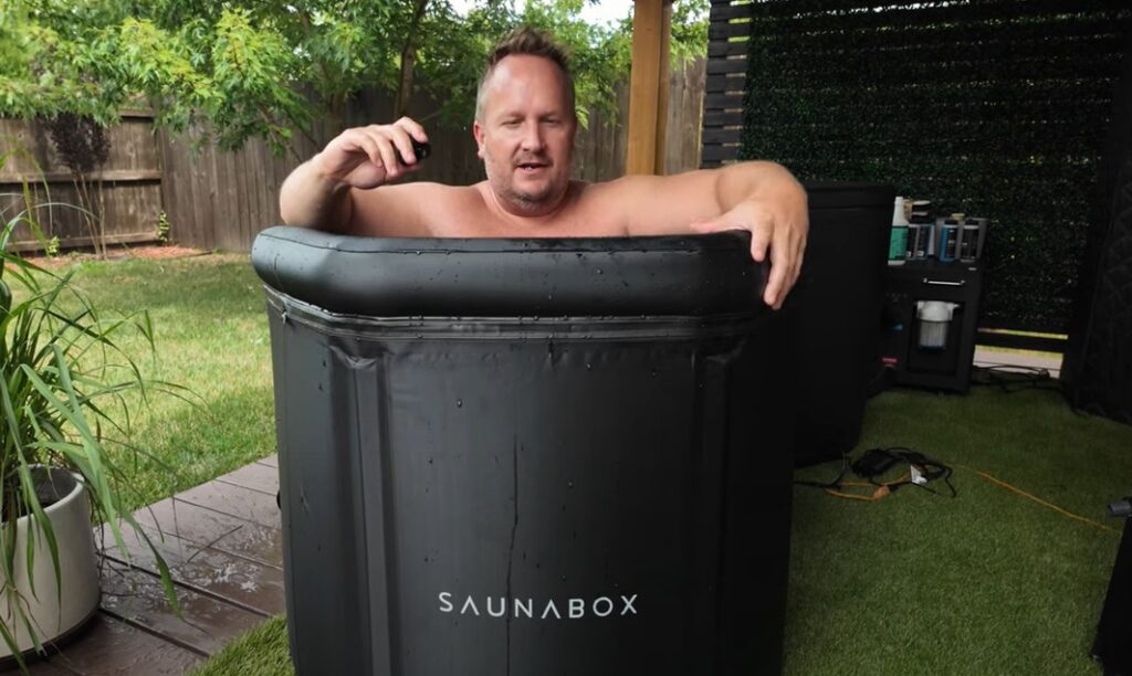 SaunaBox PlungeBox PRO with man in it